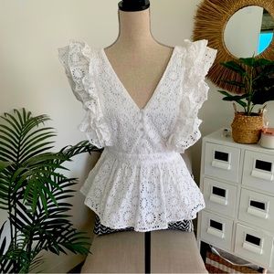 J Crew White Lace Eyelet Ruffle Sleeve Peplum V-Neck Cotton Blouse Top 4